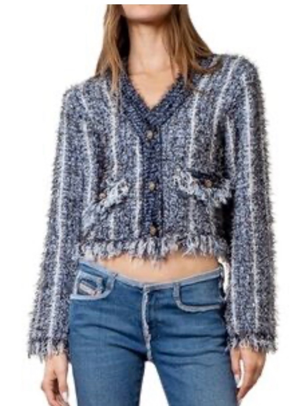 VICI Collection "Patrice" Fringe Tweed Cardigan NWOT Blue M Cropped Quiet Luxury